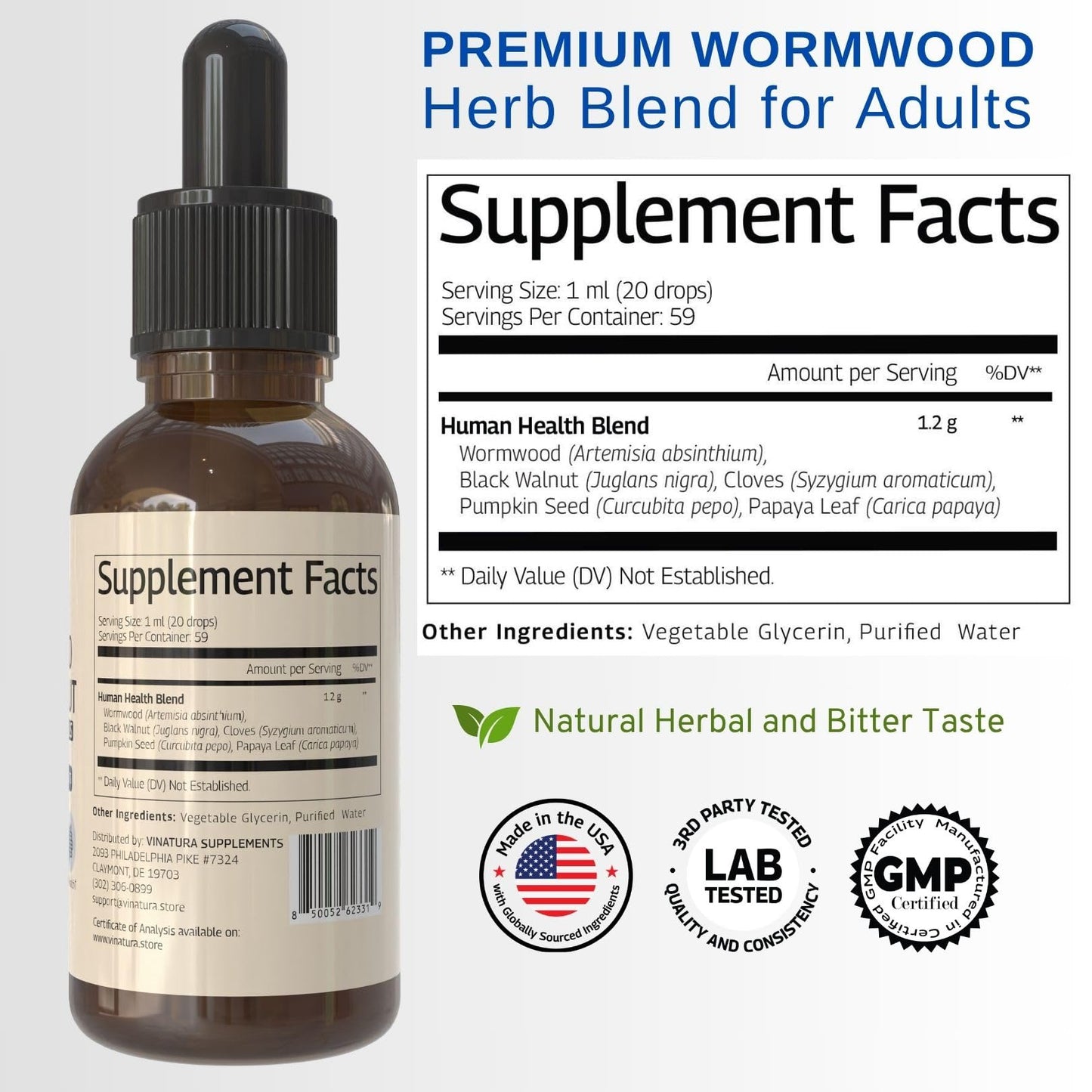 VINATURA Wormwood Black Walnut Cloves Liquid - Detox & Digestive Support, 2 fl oz
