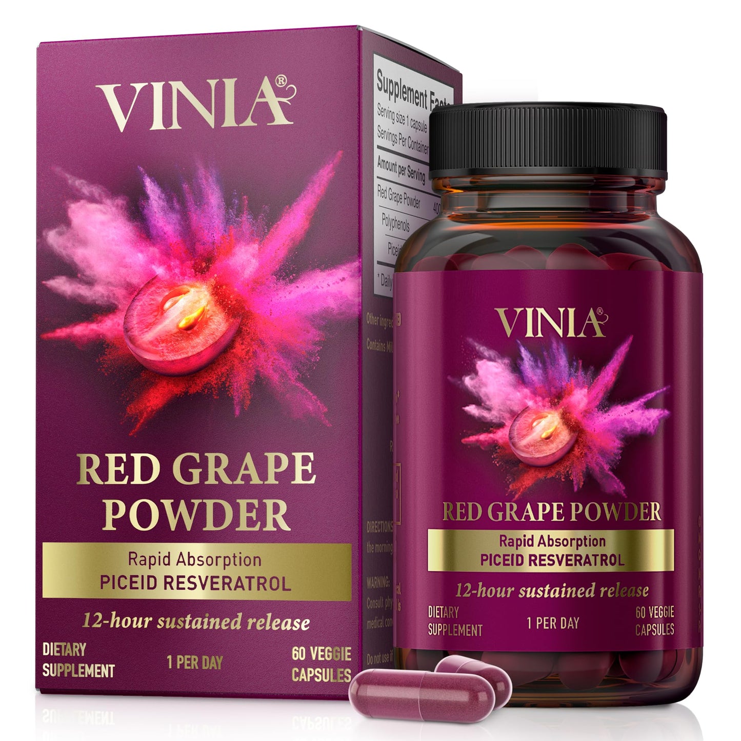 VINIA Piceid Resveratrol Supplement | Supports Blood Flow, Nitric Oxide, and Heart Health - Non-GMO, 60 Count