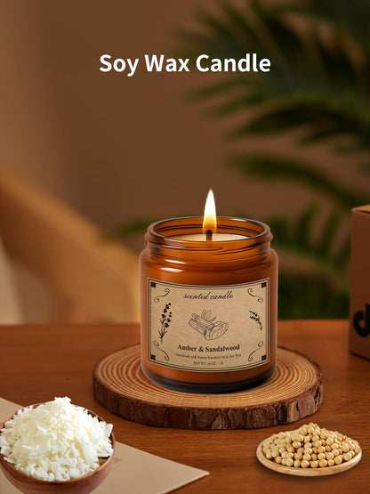 Scented Candles 16oz Large Jar Soy Wax Candle – Amber & Sandalwood | Aromatherapy & Gift