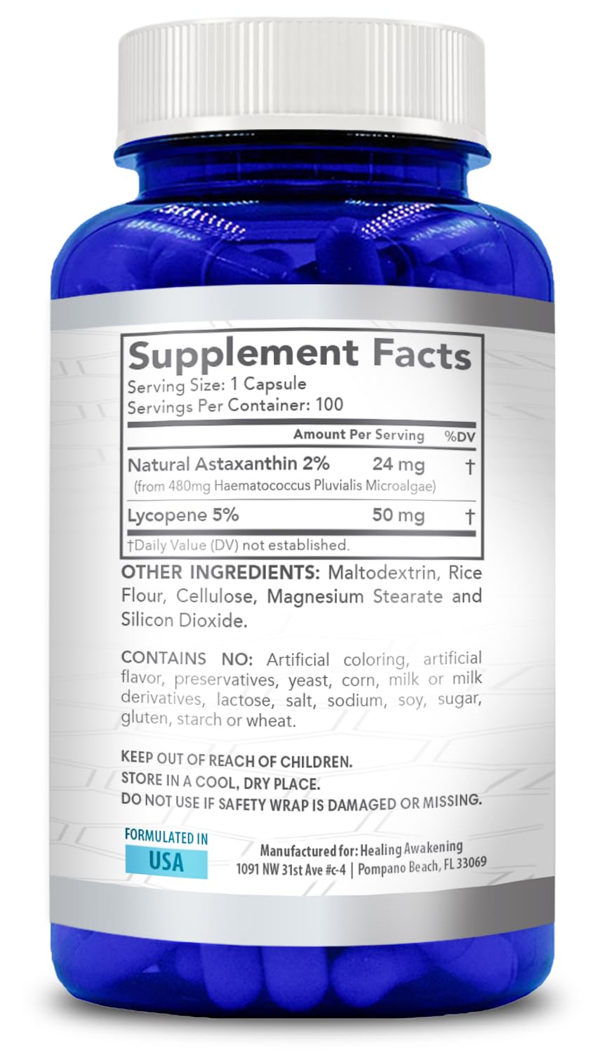 Astaxanthin & Lycopene Supplement – 50mg Lycopene, 24mg Astaxanthin | Vegan, Non-GMO (100 Veggie Capsules)