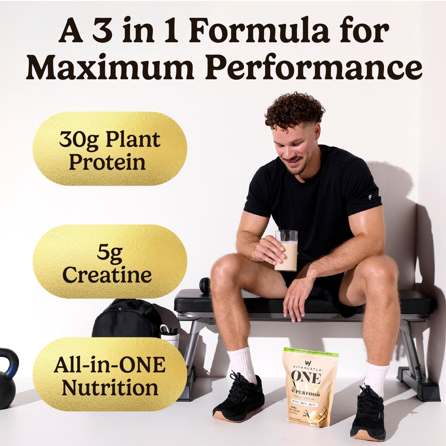VitaHustle ONE Max Protein + 5g Creatine – Vanilla Ice Cream, 15 Servings