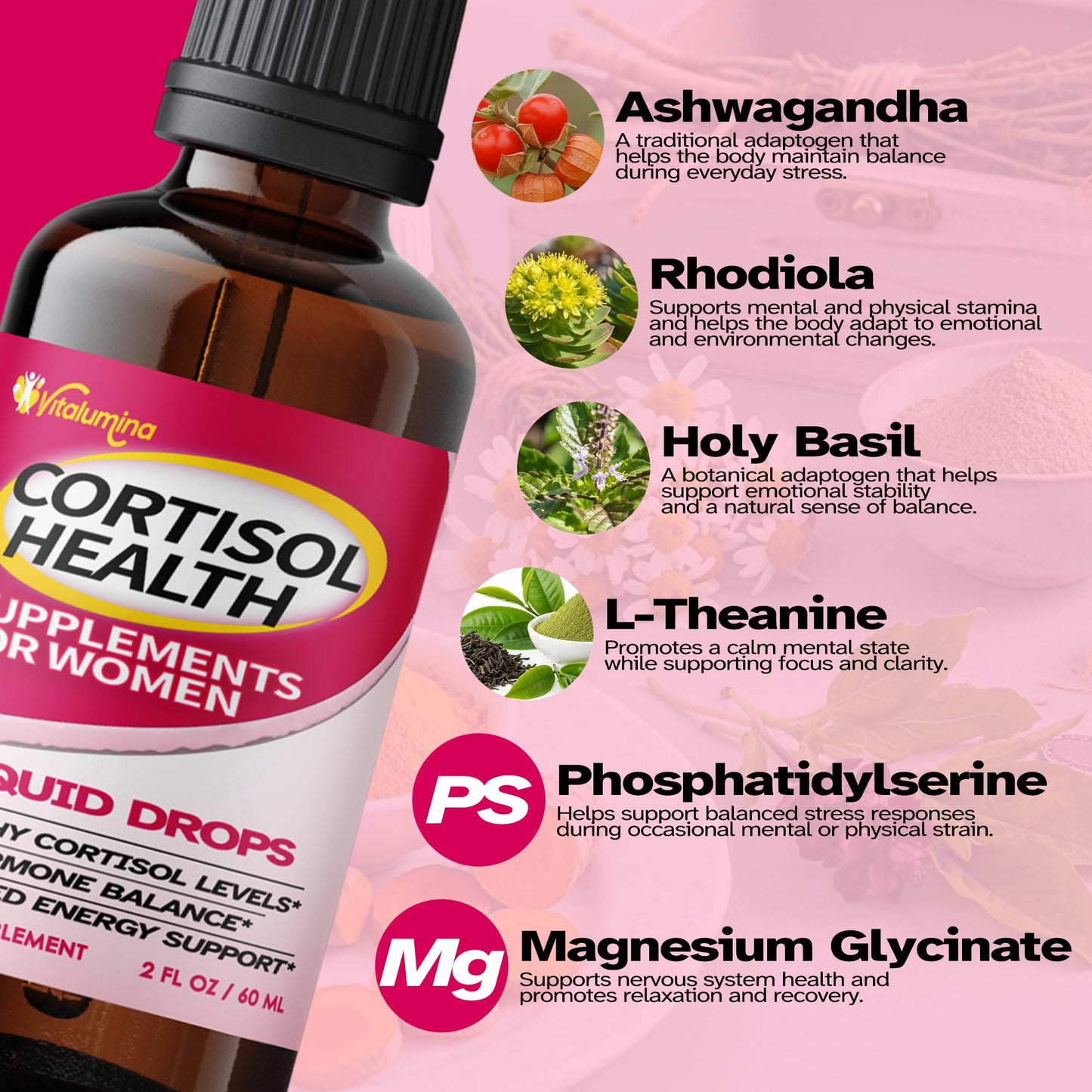 VitaLumina Cortisol Supplements for Women - 10 in 1 Liquid Drops with Ashwagandha, Magnesium & L-Theanine for Stress, Mood, Relaxation & Hormone Balance - 4 FL.OZ