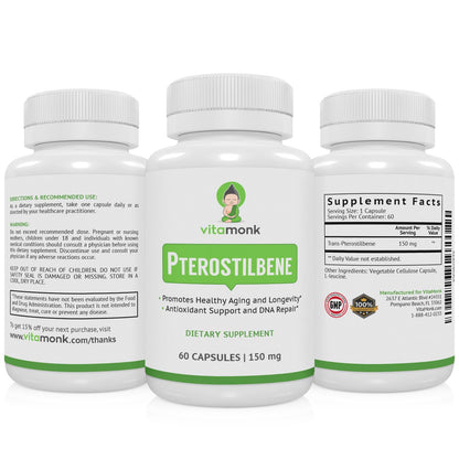 VitaMonk Pterostilbene 150mg Capsules – Soy Free, No Fillers | 60 Veggie-Caps