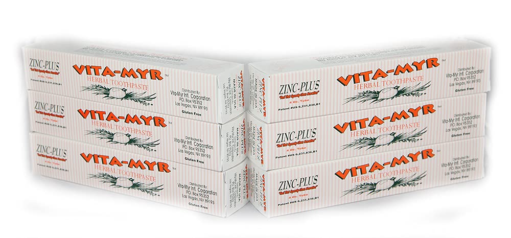 Vita-Myr Zinc+ Toothpaste 4 oz (Pack of 6) – Sugar Free, Fluoride Free, Made in USA