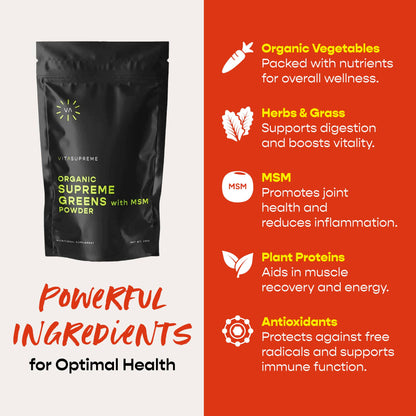 VITASUPREME Organic Greens Powder with MSM | Gut Health, Immune Support, Energy | Sugar Free, Non-GMO, Keto, Vegan | 60 Servings