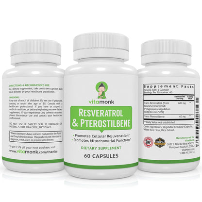 VitaMonk Resveratrol + Pterostilbene 600/60mg - Healthy Aging (60 Caps)