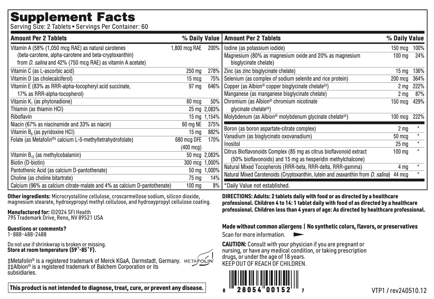 SFI Health VitaPrime Iron Free Multivitamin – Two-Per-Day Nutrient Support (120 Tablets)
