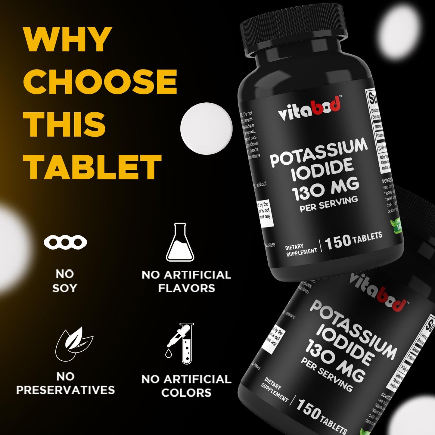Vitabod Potassium Iodide 130 mg - 150 Tablets (2 Bottles) | Made in USA