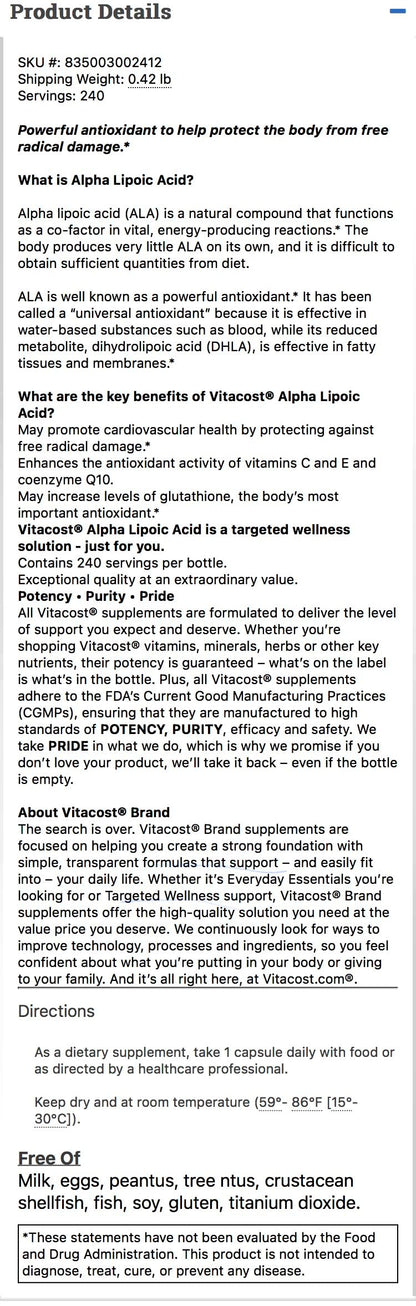 Vitacost Alpha Lipoic Acid 300 mg - 240 Capsules