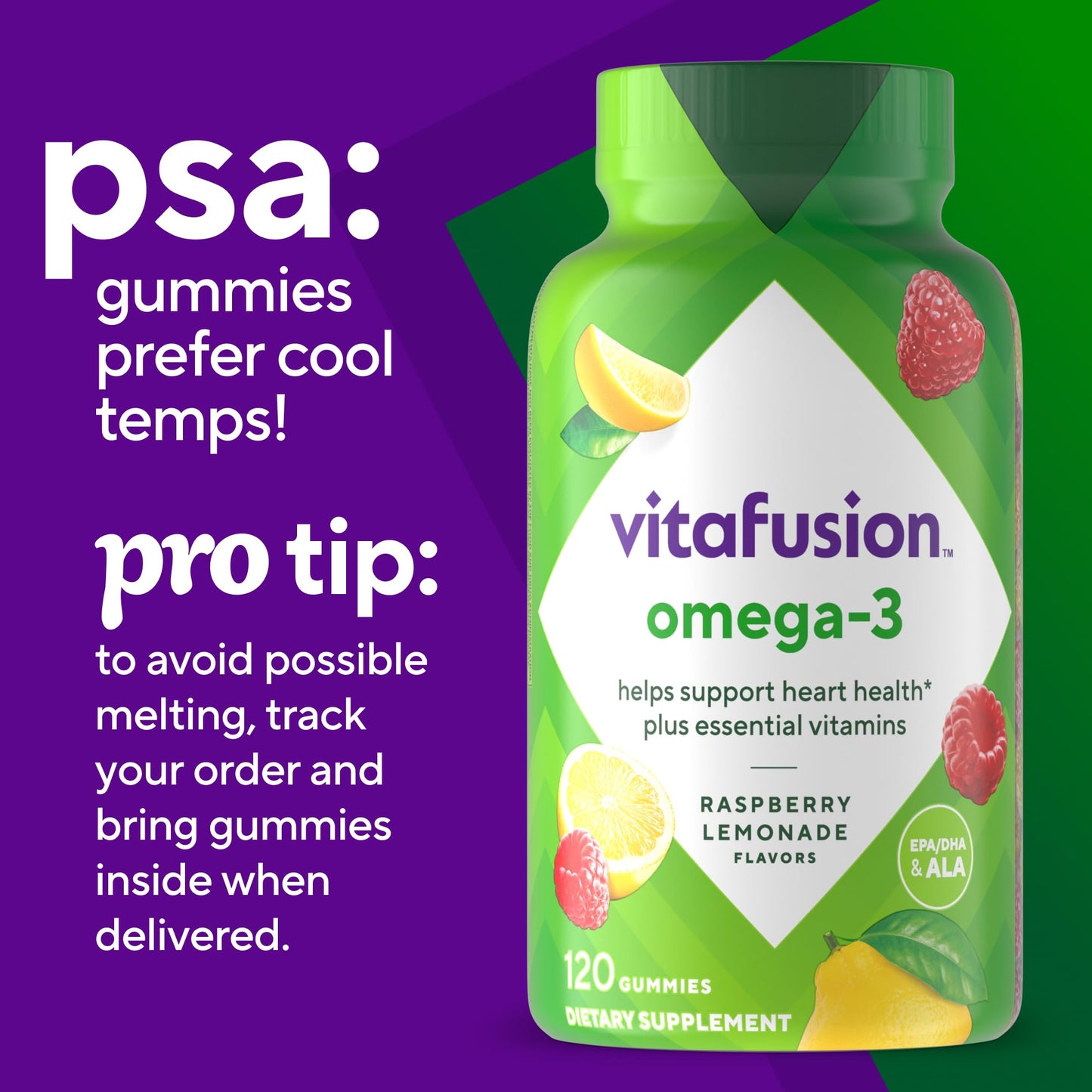 Vitafusion Omega-3 Gummy Vitamins – Berry Lemonade, 120 Count (60-Day Supply) EPA/DHA 100 mg + Vitamins A, C, D & E