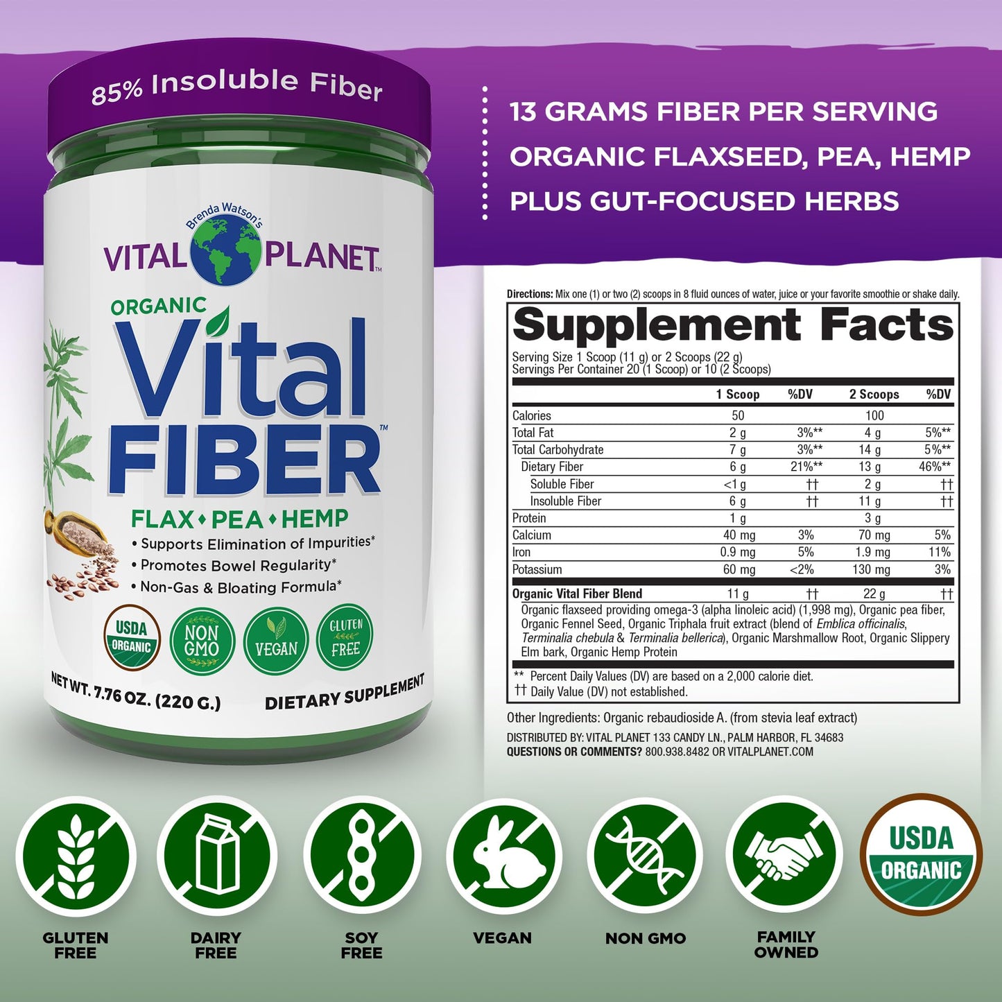 Vital Fiber Powder - Organic Insoluble & Soluble Fiber | Vital Planet 7.76 oz