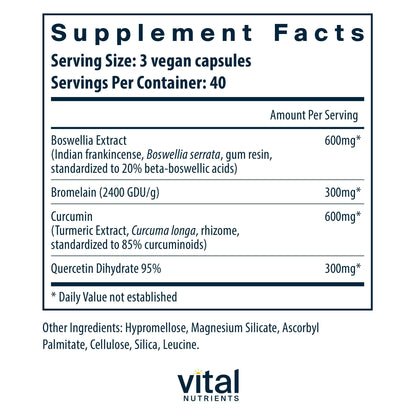 Vital Nutrients BCQ – Vegan Boswellia, Bromelain, Curcumin & Quercetin for Joint & Digestive Support | 120 Capsules