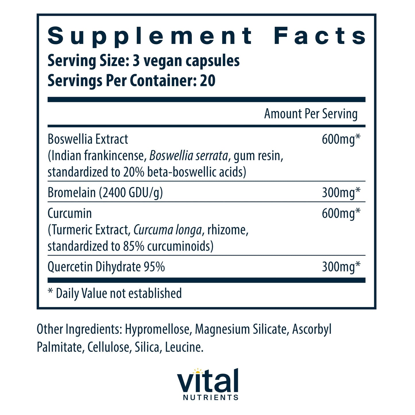 Vital Nutrients BCQ Vegan Joint Support – Boswellia, Bromelain, Curcumin & Quercetin | 60 Capsules