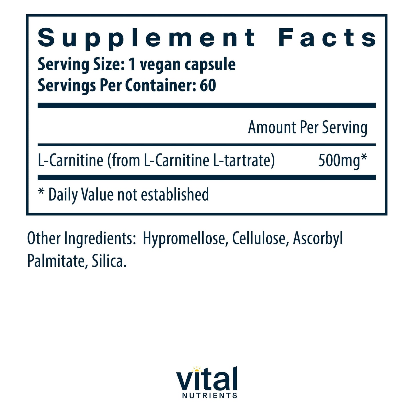 Vital Nutrients Carnitine 500mg – L-Carnitine for Heart Health | Vegan, Gluten & Dairy Free | 60 Capsules