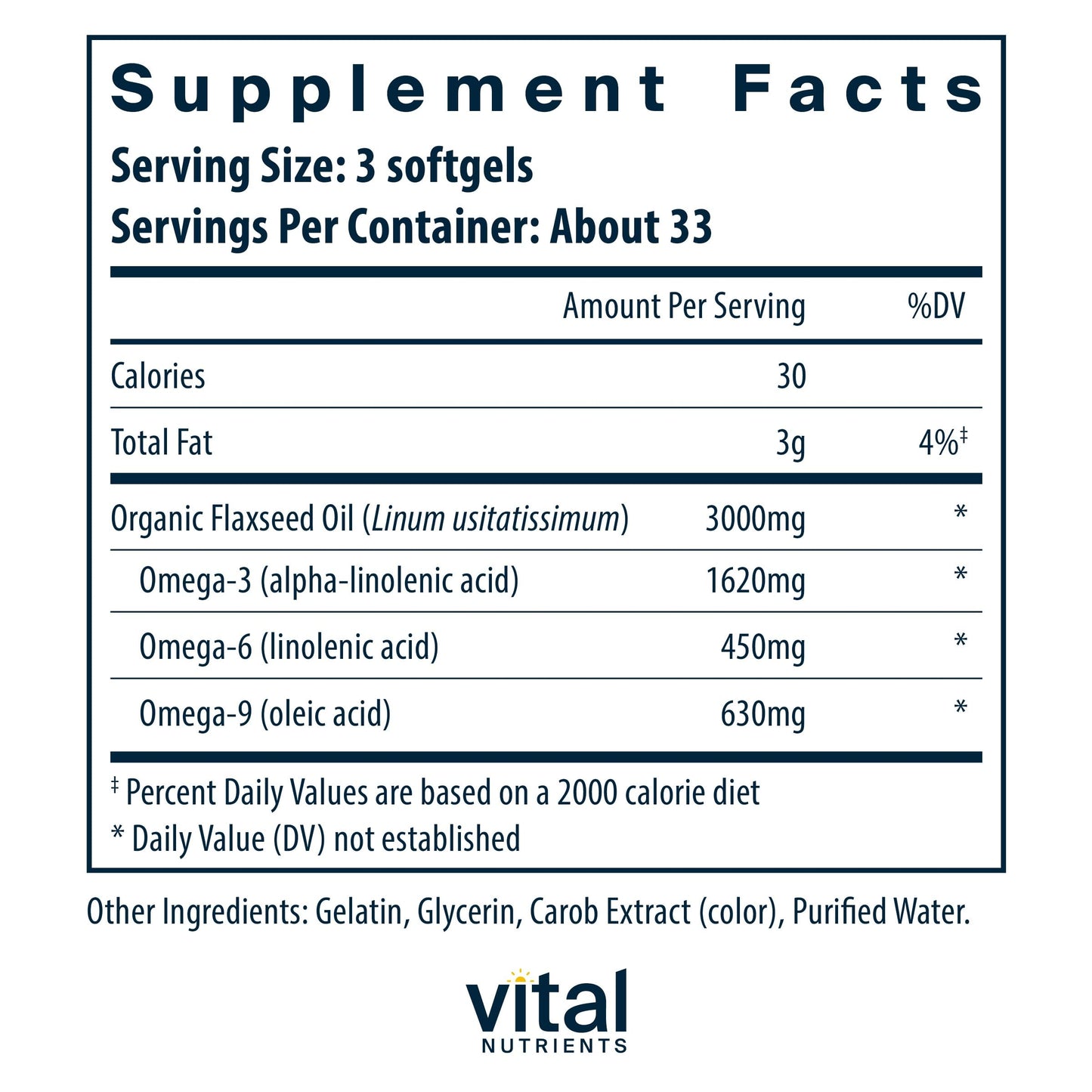 Vital Nutrients Flax Seed Oil 3000mg – Cold Pressed, High ALA for Heart Health | Non-GMO | Gluten, Dairy & Soy Free | 100 Softgels