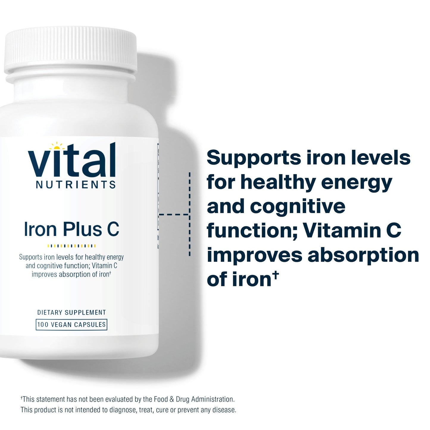 Vital Nutrients Iron Plus C - Vegan Iron Supplement with 20 mg Iron + 200 mg Vitamin C | Gluten Free, Non-GMO | 100 Capsules