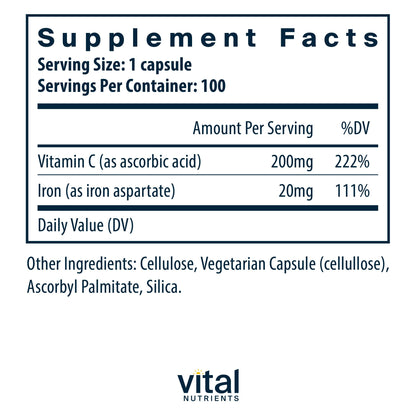 Vital Nutrients Iron Plus C - Vegan Iron Supplement with 20 mg Iron + 200 mg Vitamin C | Gluten Free, Non-GMO | 100 Capsules