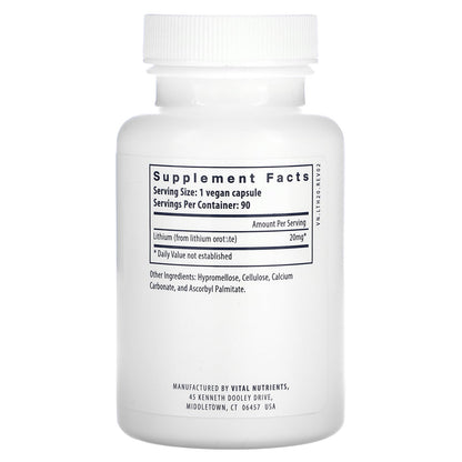 Vital Nutrients Lithium Orotate | Vegan Lithium Supplements for Memory, State of Mind, and Behavioral Health* | 20mg | Gluten, Dairy, Soy Free | 90 Capsules