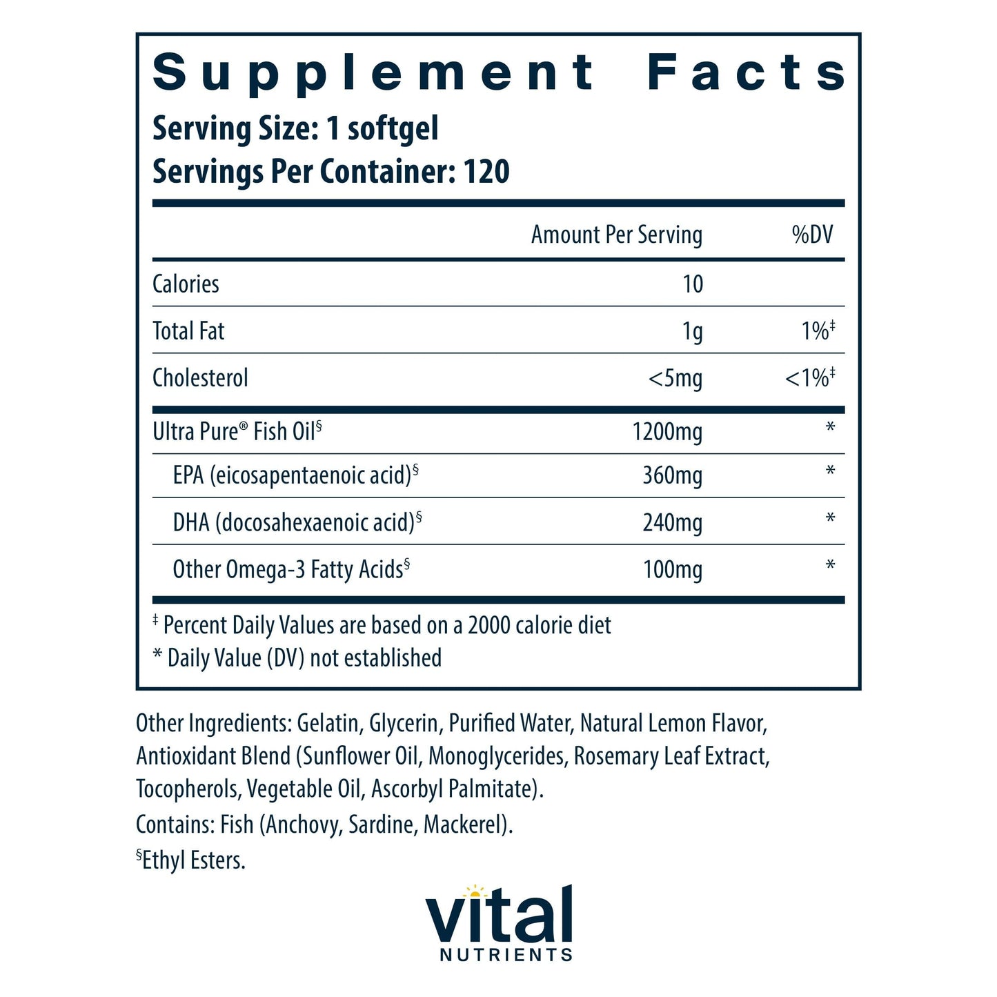 Vital Nutrients Ultra Pure Fish Oil 700 | High EPA & DHA, Lemon Flavor | 120 Softgels