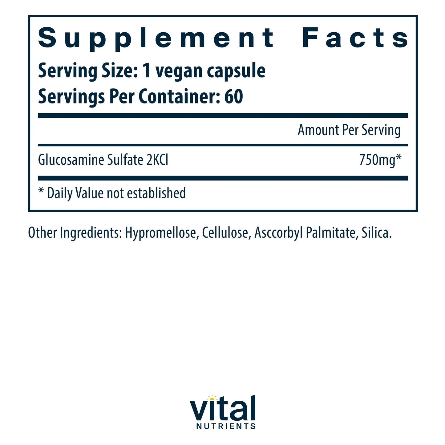 Vital Nutrients Vegan Glucosamine Sulfate 750mg – Joint Support, Cartilage & Mobility | Gluten-Free, Non-GMO | 60 Capsules