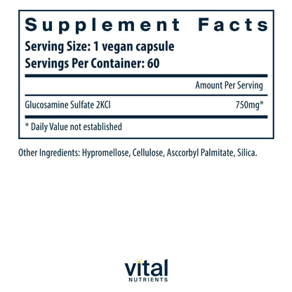 Vital Nutrients Vegan Glucosamine Sulfate 750mg – Joint Support, Cartilage & Mobility | Gluten-Free, Non-GMO | 60 Capsules