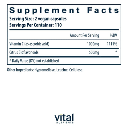 Vital Nutrients Vitamin C with Bioflavonoids | Vegan, Allergen-Free 1000mg Vitamin C + 500mg Citrus Bioflavonoids | 220 Capsules