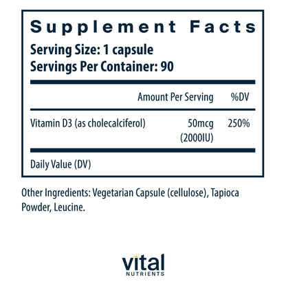Vital Nutrients Vitamin D 2000 IU | D3 for Bones, Immunity & Calcium Absorption | 90 Capsules | Gluten, Dairy & Soy Free