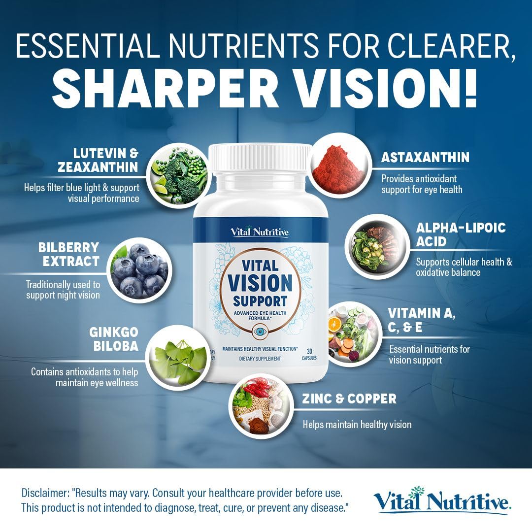 Vital Vision Support – Eye Health Supplement by Vital Nutritive with Vitamin A, Lutein & Antioxidants – 30-Day Serving