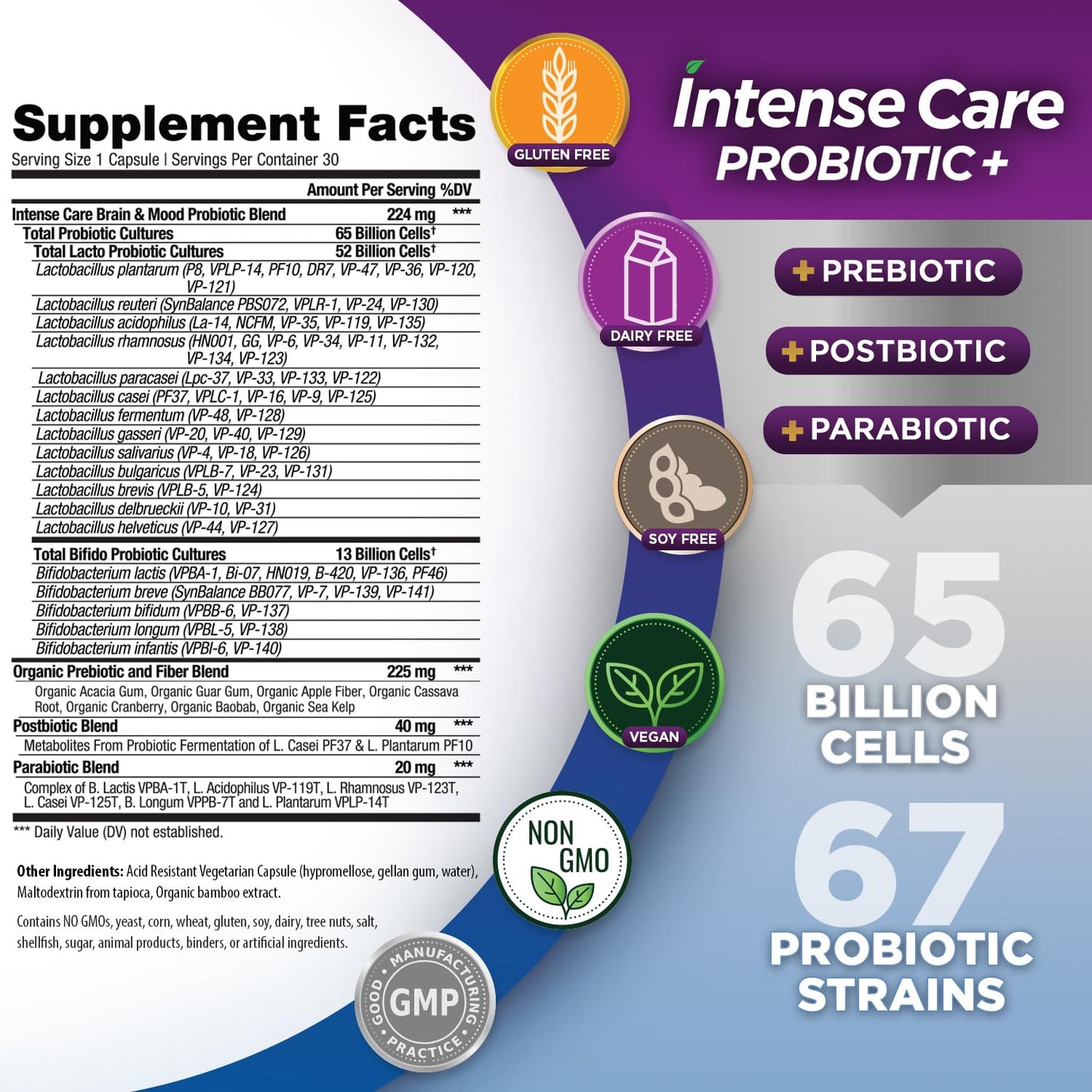 Vital Planet Intense Care Brain & Mood Probiotics – 65B CFU, 67 Strains, 30 Ct