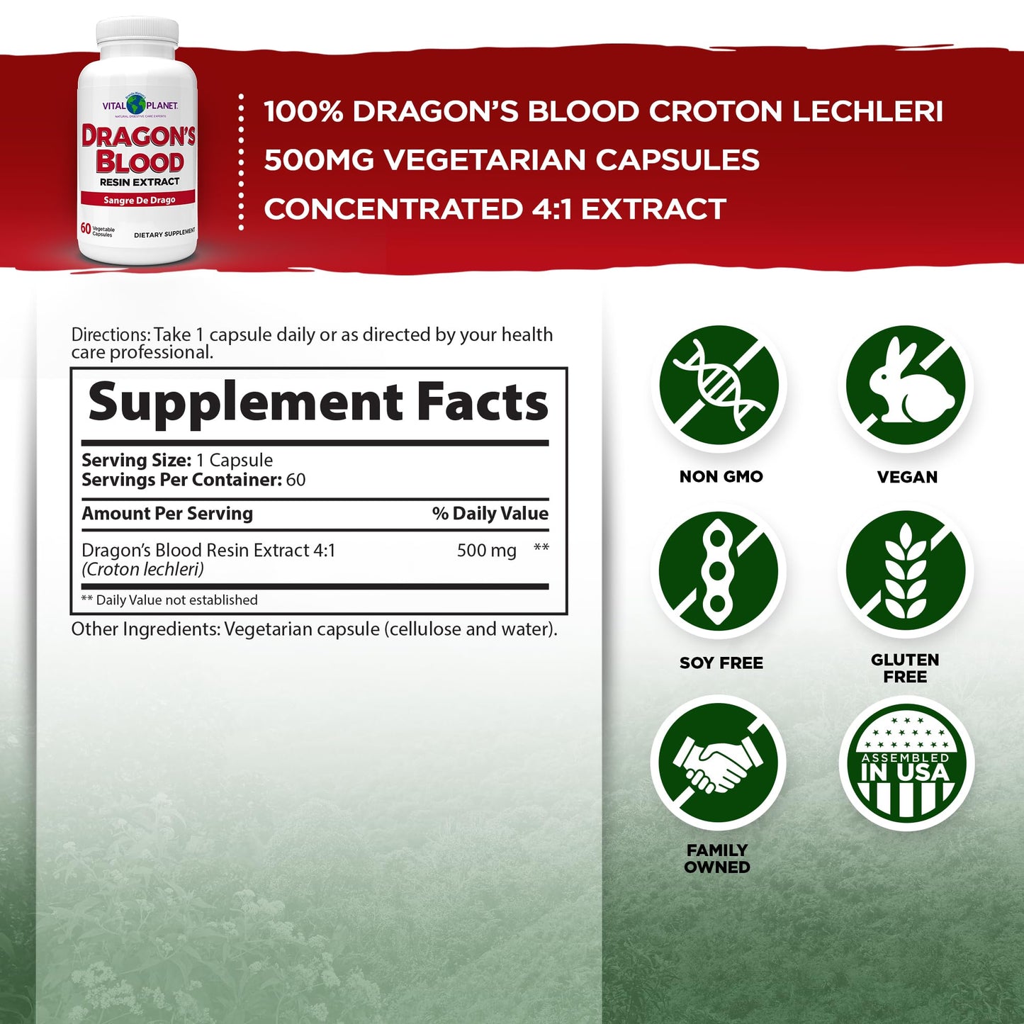 Vital Planet Dragon's Blood Resin Extract Croton lechleri – Digestive Health, 500 mg, 60 Capsules
