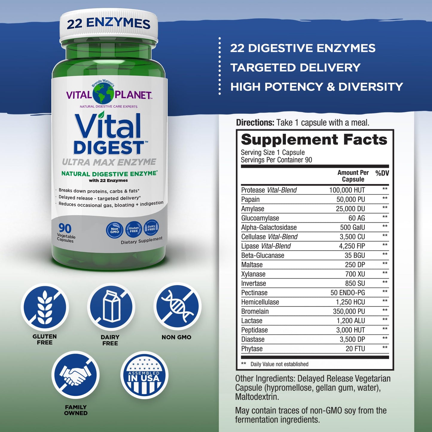 Vital Planet Vital Digest Natural Digestive Enzymes – Supports Protein, Fat & Carbohydrate Breakdown | 90 Capsules (Packaging May Vary)