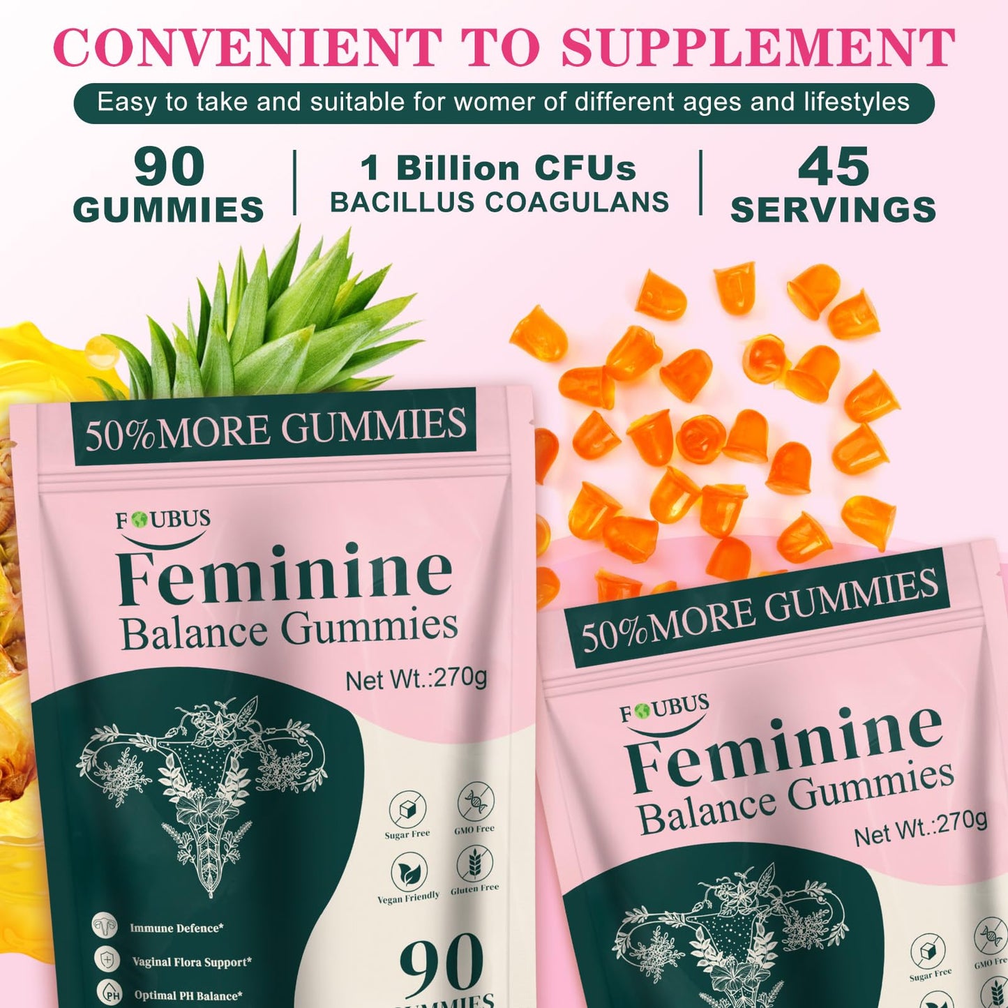 Vital Source Premium Feminine Balance Gummies - Vaginal Probiotic, pH & Immune Support, Pineapple