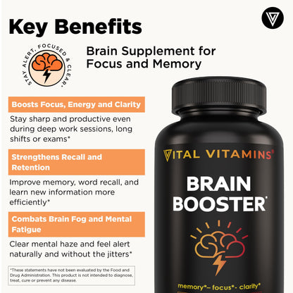 Vital Vitamins Brain Support with Bacopa Monnieri – Memory & Focus Nootropic (Caffeine-Free)