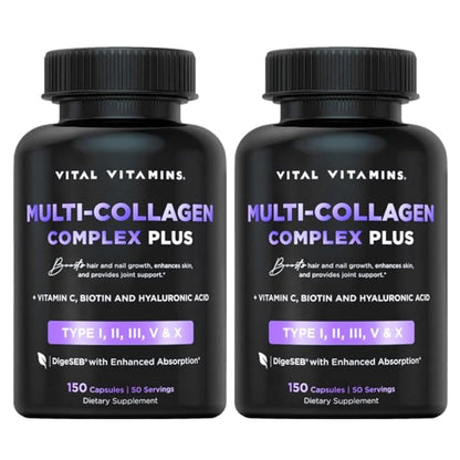 Vital Vitamins Multi Collagen Plus (2-Pack) – Biotin, Hyaluronic Acid & Vitamin C for Hair, Skin, Nails | Type I–X Collagen (Women & Men)