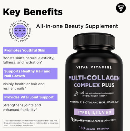 Vital Vitamins Multi Collagen Plus (2-Pack) – Biotin, Hyaluronic Acid & Vitamin C for Hair, Skin, Nails | Type I–X Collagen (Women & Men)