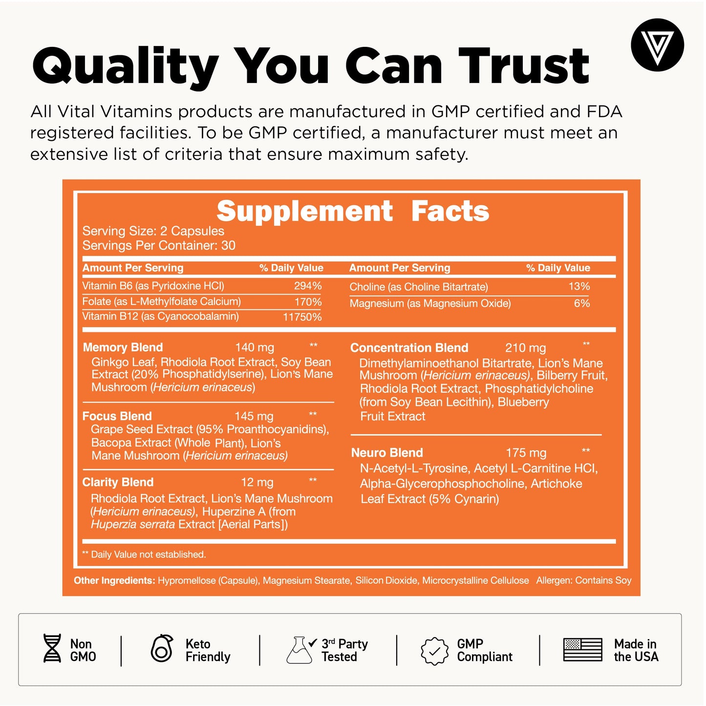 Vital Vitamins Nootropic Brain Supplement Plus – Memory & Focus (Lion's Mane) 60 Caps