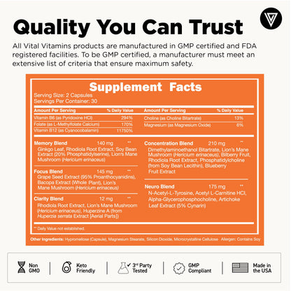 Vital Vitamins Nootropic Brain Supplement Plus – Memory & Focus (Lion's Mane) 60 Caps