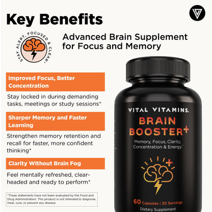 Vital Vitamins Nootropic Brain Supplement Plus – Memory & Focus (Lion's Mane) 60 Caps