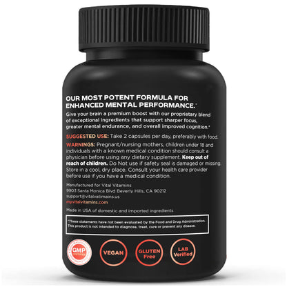 Vital Vitamins Nootropic Brain Supplement Plus – Memory & Focus (Lion's Mane) 60 Caps