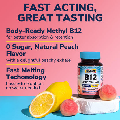 Vitalibre B12 Sublingual 5000 mcg – Vegan Methylcobalamin, Energy
