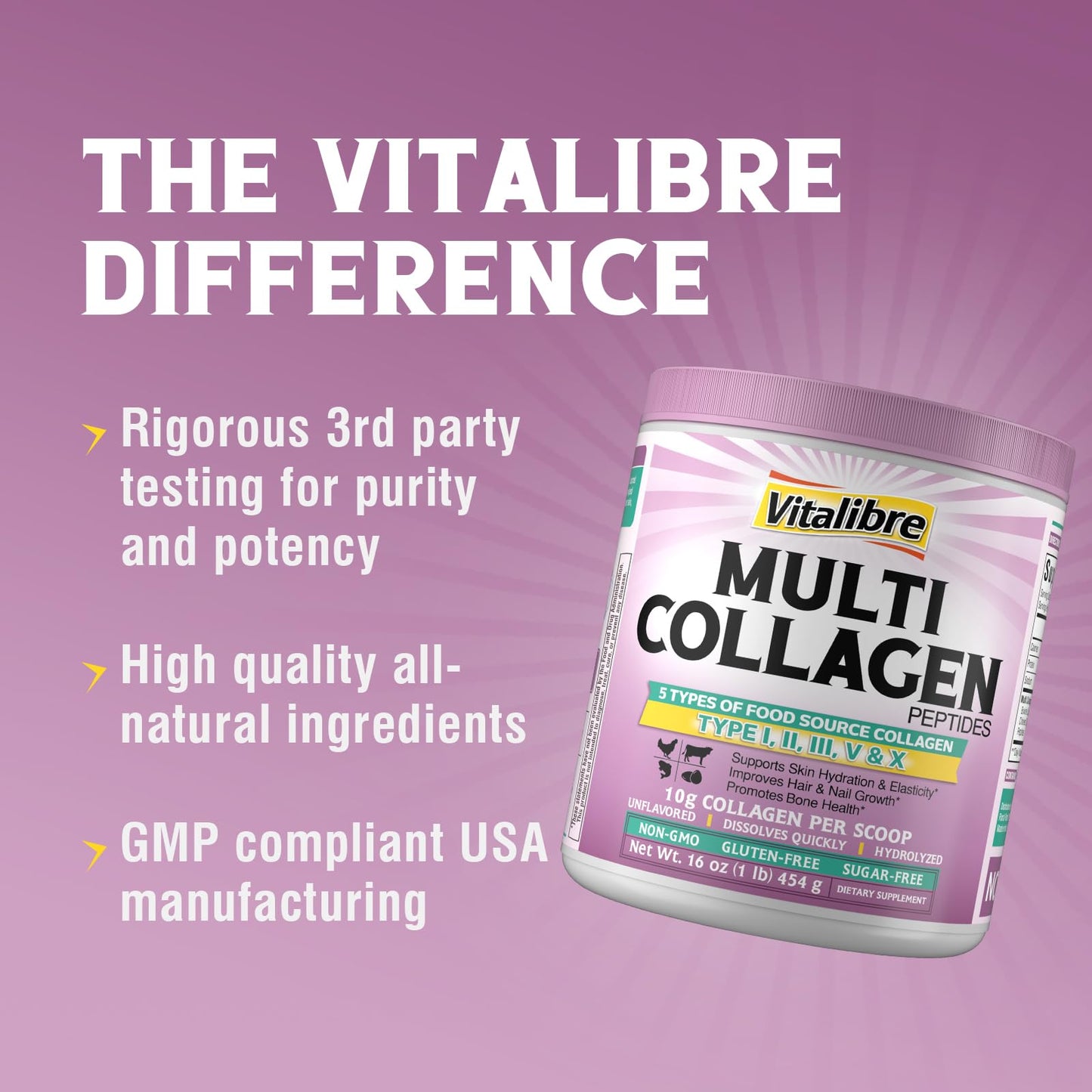 Vitalibre Multi Collagen Peptides Powder – Type I-V-X, Unflavored, 16oz, 45 Servings