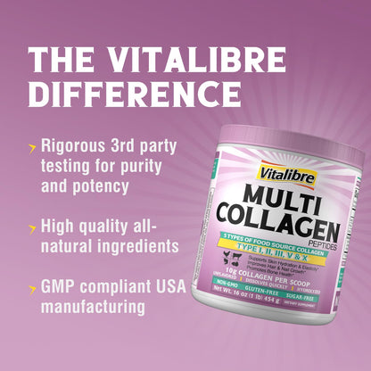 Vitalibre Multi Collagen Peptides Powder – Type I-V-X, Unflavored, 16oz, 45 Servings
