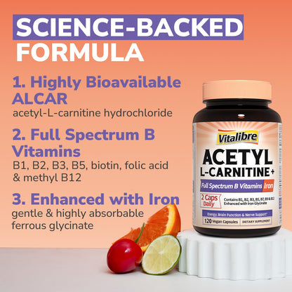 Vitalibre Acetyl-L-Carnitine HCl 1250mg with B Vitamins – High Potency, Energy & Brain Support | 120 Vegan Caps