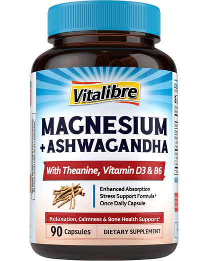 Vitalibre Magnesium Complex with Ashwagandha & L-Theanine – Stress Relief, Bone & Nerve Support | 90 Vegan Capsules