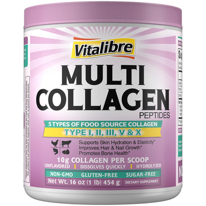 Vitalibre Multi Collagen Peptides Powder – Type I-V-X, Unflavored, 16oz, 45 Servings