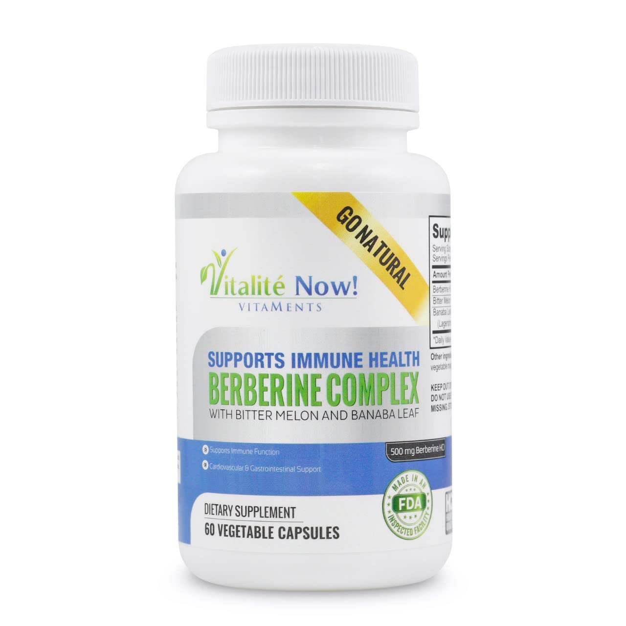 Vitalité Now Berberine 500mg + Bitter Melon & Banaba – Immune, Cardiovascular & GI Support | 60 Veg Capsules