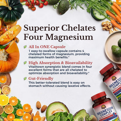 Vitalitown Magnesium Complex 2 Packs - 240 Capsules | NSF Certified Chelated Magnesium Glycinate, Malate, Taurate & Citrate