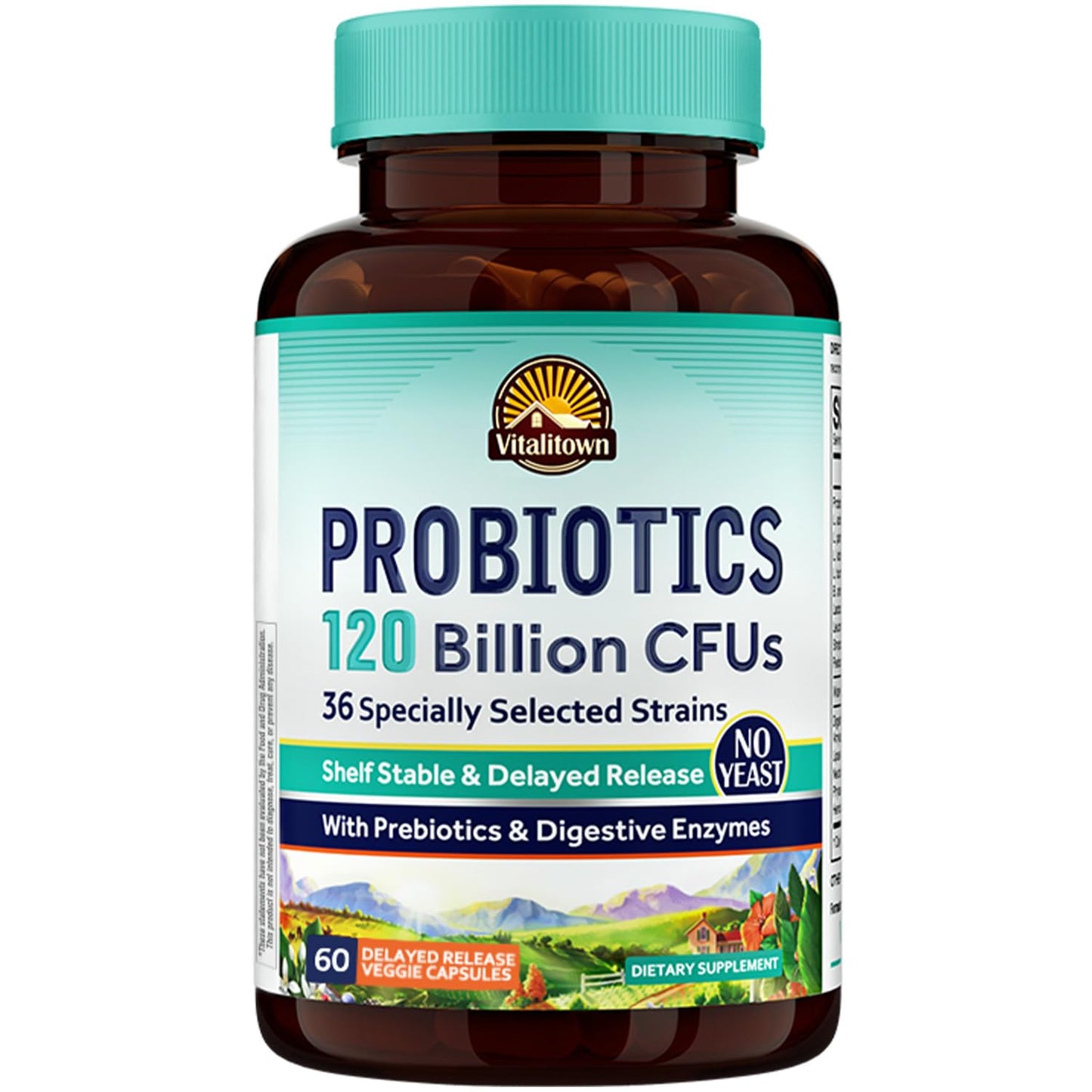 Vitalitown Probiotics 120 Billion CFUs | 36 Strains | Prebiotics & Digestive Enzymes | Shelf Stable | Vegan & Non-GMO | 60 Delayed-Release Veg Caps