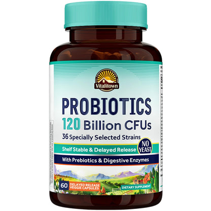 Vitalitown Probiotics 120 Billion CFUs | 36 Strains | Prebiotics & Digestive Enzymes | Shelf Stable | Vegan & Non-GMO | 60 Delayed-Release Veg Caps