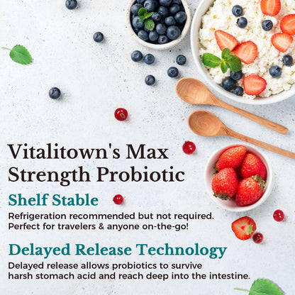 Vitalitown Probiotics 120 Billion CFUs | 36 Strains | Prebiotics & Digestive Enzymes | Shelf Stable | Vegan & Non-GMO | 60 Delayed-Release Veg Caps